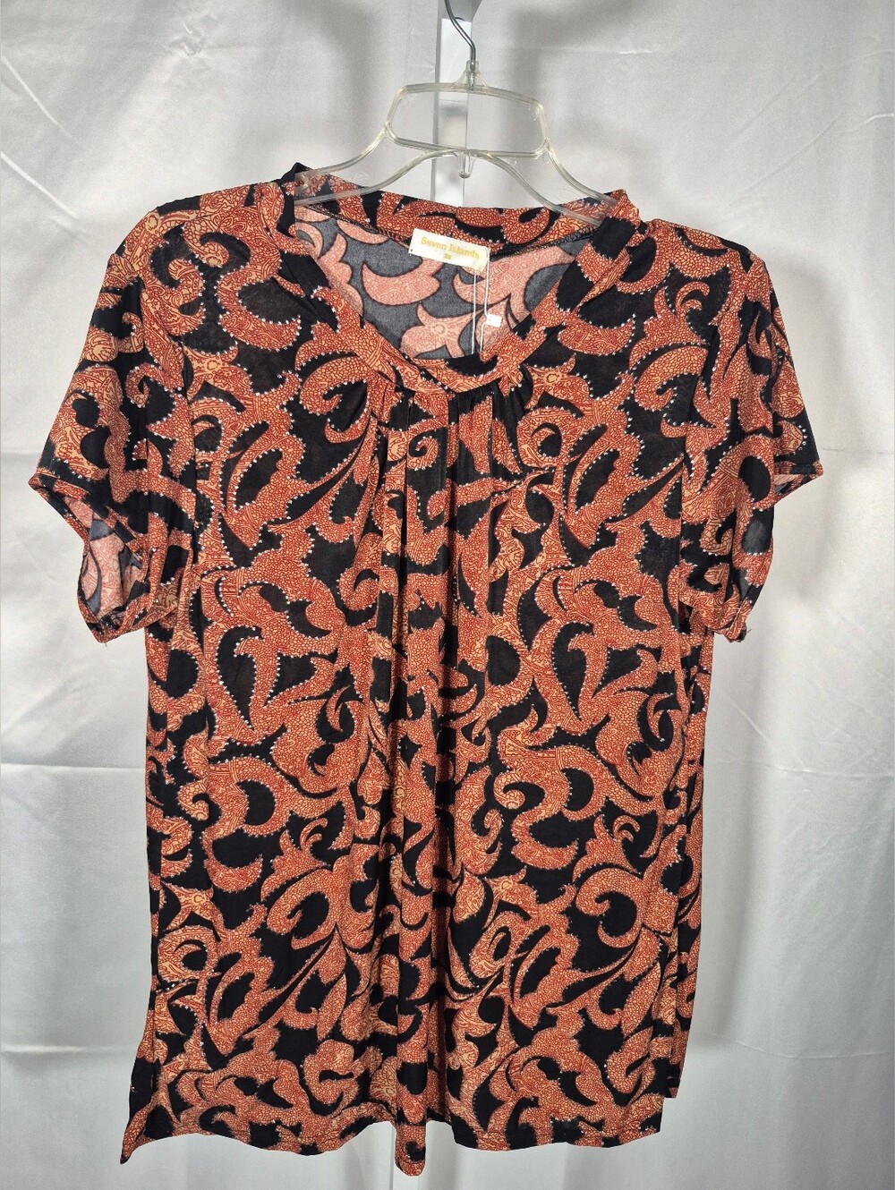 Womens 2X Top, Shirt Sleeve ,Black And Rust Paisley Cowl Neck